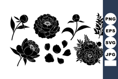 Black silhouette peony flower vector set with leaves and pet Product Image 1