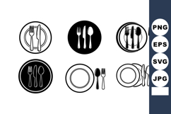 Set of six black and white plate and cutlery icons vector fo Product Image 1