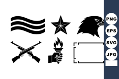 Military icons set with eagle star flag torch rifle silhouet Product Image 1