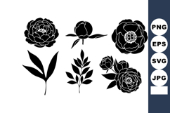 Peony flowers and leaves black silhouette vector floral Product Image 1