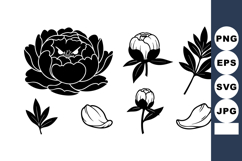 Black Peony Flower Vector with Leaves and Petals Decorat Product Image 1