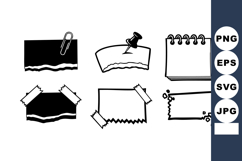 torn paper notes with pins and tape in simple black a Product Image 1