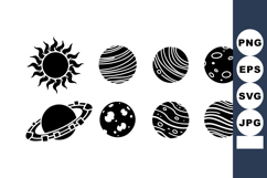 Solar system planets and sun vector icons with black silhoue Product Image 1