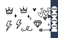 Hand drawn doodle set with crowns hearts lightning diamond a Product Image 1
