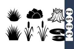 Vector black silhouettes of grass bushes cattails tree stump Product Image 1