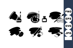 Black Ink Art Supplies Icons Set with Brush Palette Sponge f Product Image 1