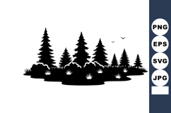 Pine tree forest silhouette with birds flying above in black Product Image 1