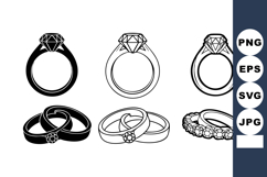 Diamond engagement rings and wedding bands icons set in blac Product Image 1