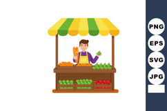 Fruit and vegetable market stall with vendor holding bread a Product Image 1