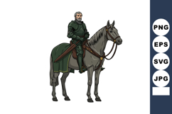 Medieval knight in full armor sitting on gray horse with gre Product Image 1