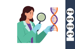 Female scientist examining DNA helix with magnifying glass i Product Image 1