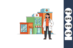 Female doctor standing in front of medical buildings with he Product Image 1