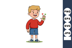 Boy waving hand with heart symbols in red sweater and blue s Product Image 1