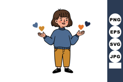 Child wearing blue sweater and brown pants holding colorful Product Image 1