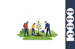 Tree planting activity with diverse group caring for young t Product Image 1