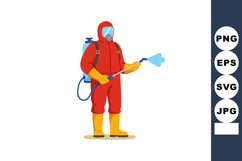 Worker in red hazmat suit spraying disinfectant with protect Product Image 1