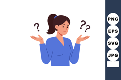 Confused woman shrugging shoulders with question marks expre Product Image 1