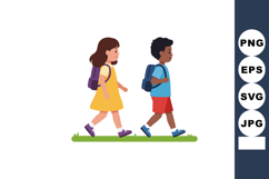 Two children walking with backpacks going to school or on a Product Image 1