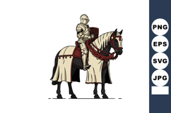 Medieval knight in full armor mounted on decorated war horse Product Image 1