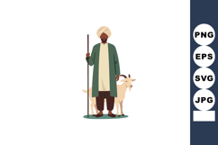 Shepherd man with staff and goat standing beside in traditio Product Image 1