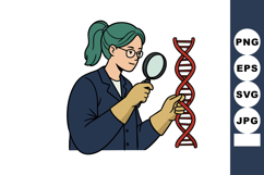 Female scientist examining red DNA strand with magnifying gl Product Image 1
