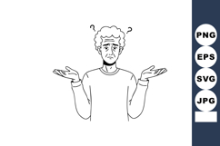 Confused man shrugging shoulders with question marks above h Product Image 1