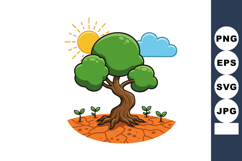 Tree with green leaves on dry cracked earth under sun and cl Product Image 1