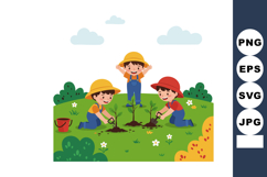 Children gardening together planting young saplings in green Product Image 1