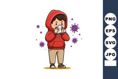 Child in red hoodie sneezing with tissue surrounded by virus Product Image 1