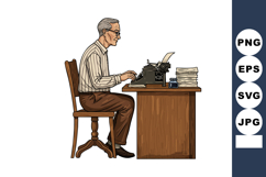 Elderly man typing on vintage typewriter at wooden desk with Product Image 1