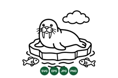 Hand Drawn Walrus Illustration On Ice With Fish Product Image 1