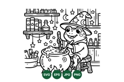 Hand Drawn Witch Frog Cauldron Coloring Design Product Image 1
