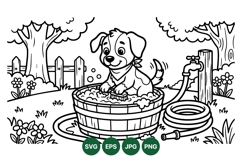 Cute Puppy Bath Time Black And White Lineart Illustration Product Image 1