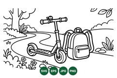Line Art Kids Scooter and Backpack Outdoor Scene Product Image 1