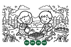 Black Line Art Kids Gardening Clipart Illustration Product Image 1