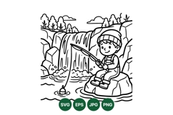 Hand Drawn Fishing Boy At Waterfall Svg Design Product Image 1