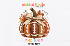 Fall football pumpkin PNG featuring painted football panels, white laces, autumn leaves, curled vines, and a rustic burlap bow on a white background.
