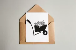 Wheelbarrow SVG Design with Spring Garden Flowers. Can be Used for T-shirts, Mugs, Bags, Pillows, Decals, Gifts. Compatible with Cricut and Silhouette