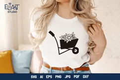 Wheelbarrow SVG Design with Spring Garden Flowers. Can be Used for T-shirts, Mugs, Bags, Pillows, Decals, Gifts. Compatible with Cricut and Silhouette