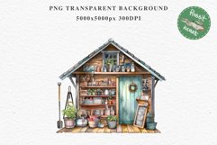 Garden Whimsical Shed Floral Clipart PNG Scrapbooking Files Watercolor Transparent wedding invitation shirt designs sublimation printable bloom architecture watercolor Whimsical Shed Garden Floral flowers shop clipart, sublimation nursery, collage files
