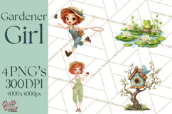Vintage Gardener Clipart Cute Retro Girl Garden PNG Product Image 1