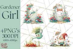 Vintage Gardener Clipart Cute Retro Girl Garden PNG Product Image 1