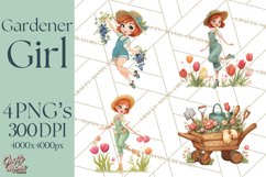 Vintage Gardener Clipart Cute Retro Girl Garden PNG Product Image 1