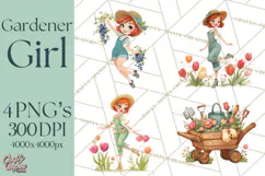 Vintage Gardener Clipart Cute Retro Girl Garden PNG Product Image 1