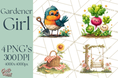 Vintage Gardener Clipart Cute Retro Girl Garden PNG Product Image 1