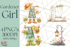 Vintage Gardener Clipart Cute Retro Girl Garden PNG Product Image 1
