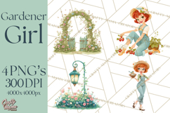Vintage Gardener Clipart Cute Retro Girl Garden PNG Product Image 1