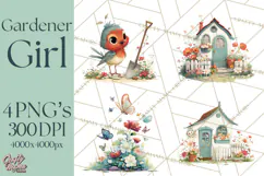 Vintage Gardener Clipart Cute Retro Girl Garden PNG Product Image 1