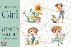Vintage Gardener Clipart Cute Retro Girl Garden PNG Product Image 1