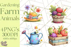 Farm Animals Gardening Clipart, Cute Farm Animal Garden PNG Product Image 1